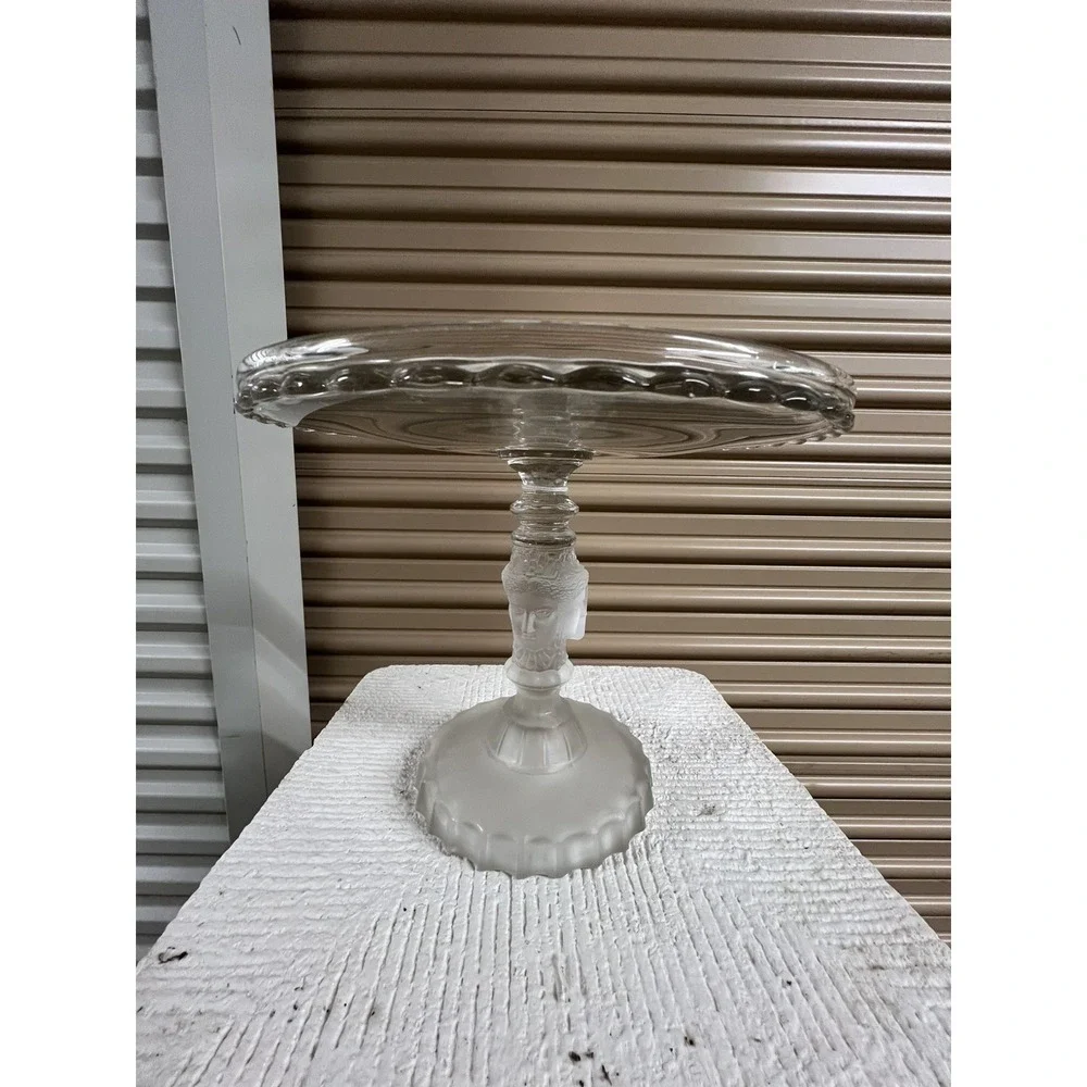 Rare Pedestal Cake Stand Frosted THREE FACES Duncan Miller Pressed Glass